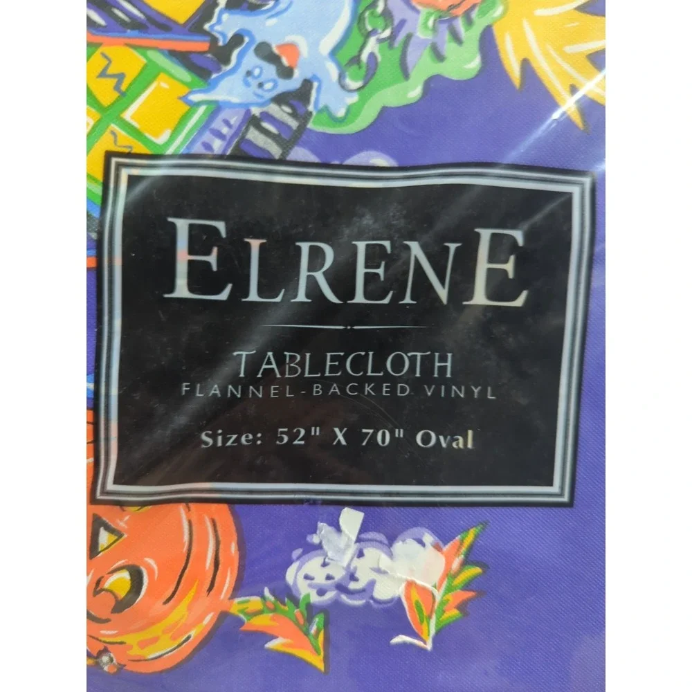 NEW Elrene Halloween 52x70 Oval  Flannel Back Vinyl Tablecloth Cats Owls Pumpkin